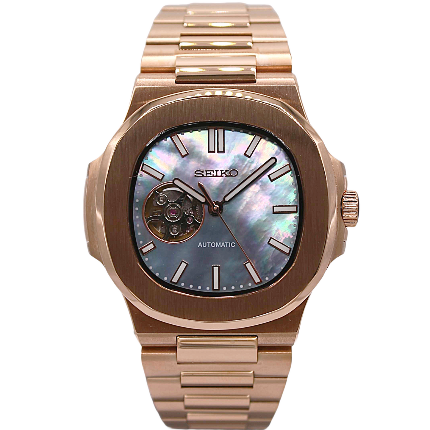 NAUTIKO - ROSE GOLD PEARL WHITE OPEN HEART