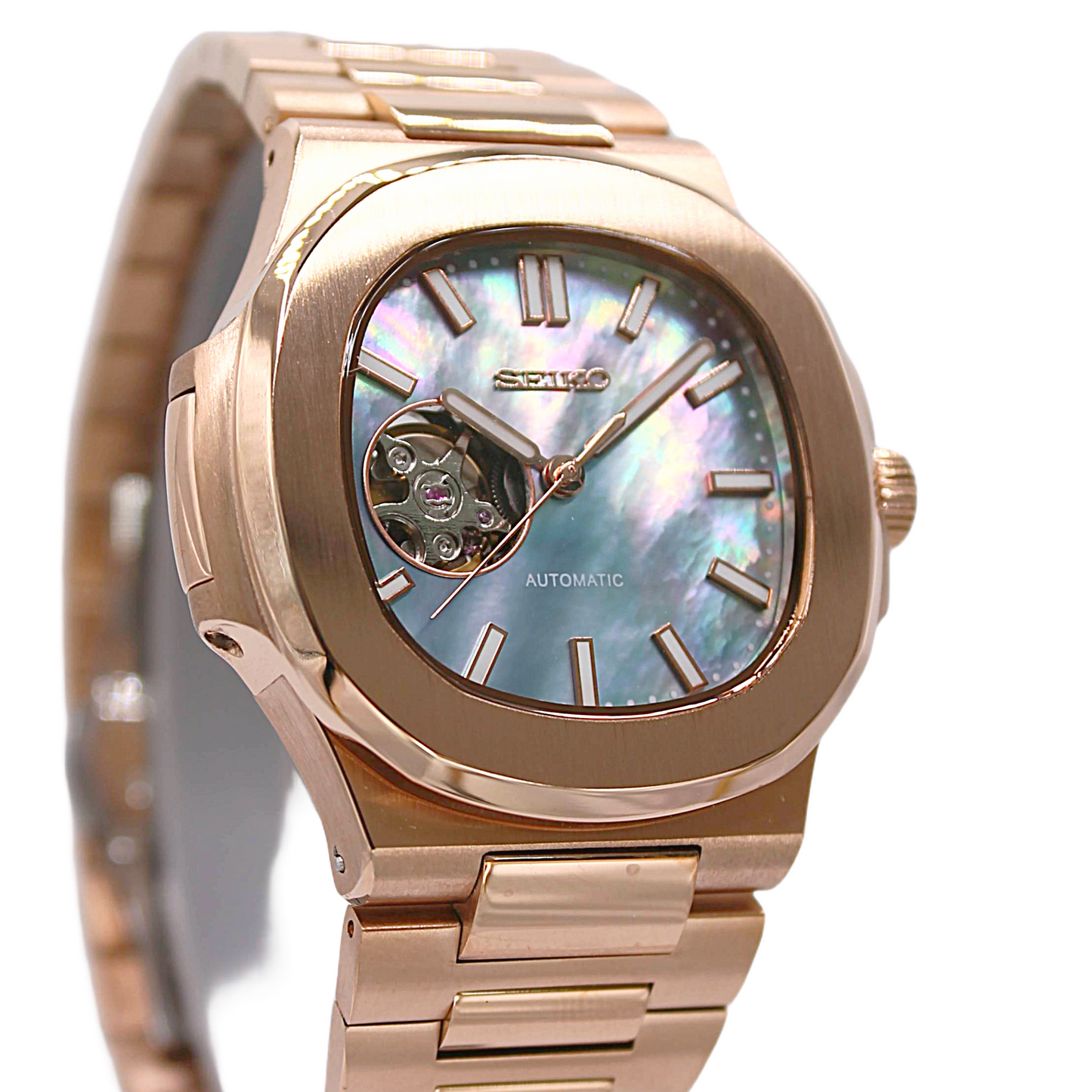 NAUTIKO - ROSE GOLD PEARL WHITE OPEN HEART
