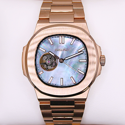 NAUTIKO - ROSE GOLD PEARL WHITE OPEN HEART